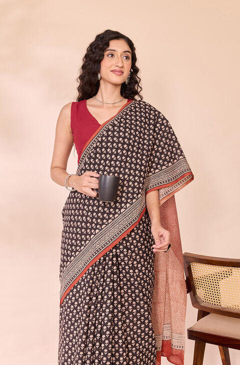 Black Rajasthan Block Printed Pure Cotton Saree