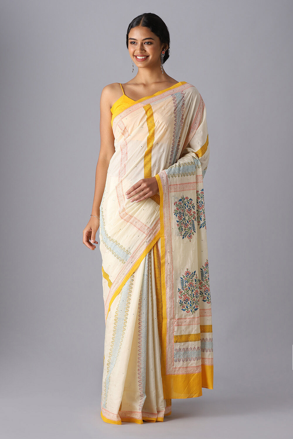 Off White Pure Silk Cotton Sanganeri Printed Saree image number null