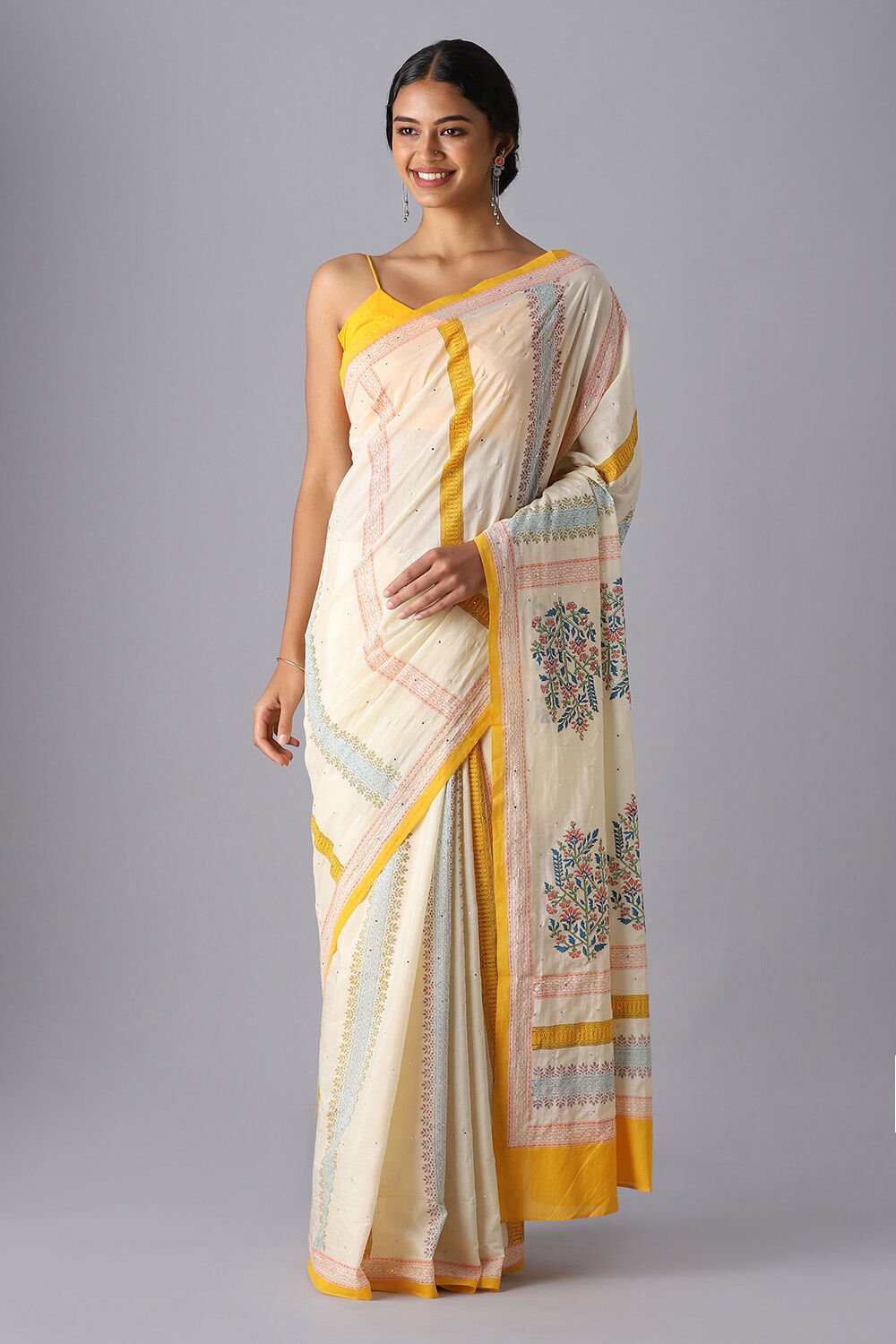 Off White Pure Silk Cotton Sanganeri Printed Saree image number null