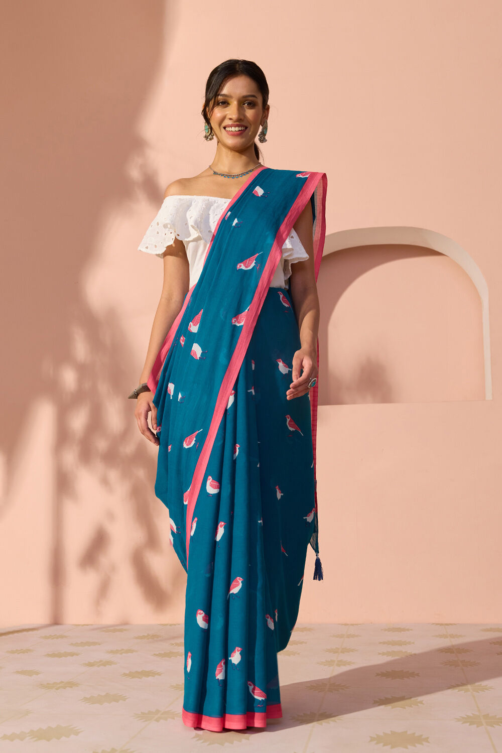 Dark Blue Bengal Screen Printed Pure Cotton Mulmul Saree image number null