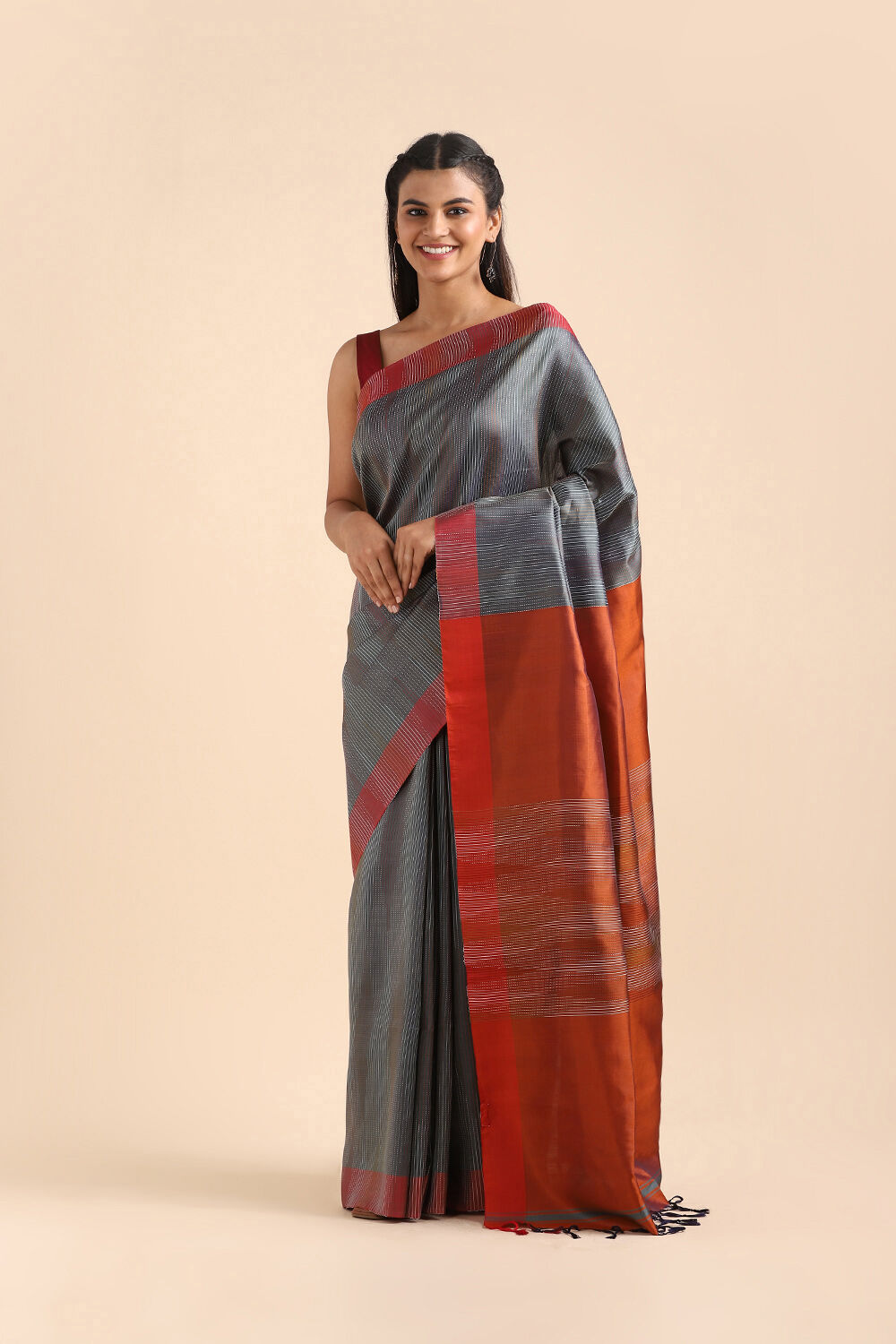 Grey Pure Silk Bengal Saree image number null