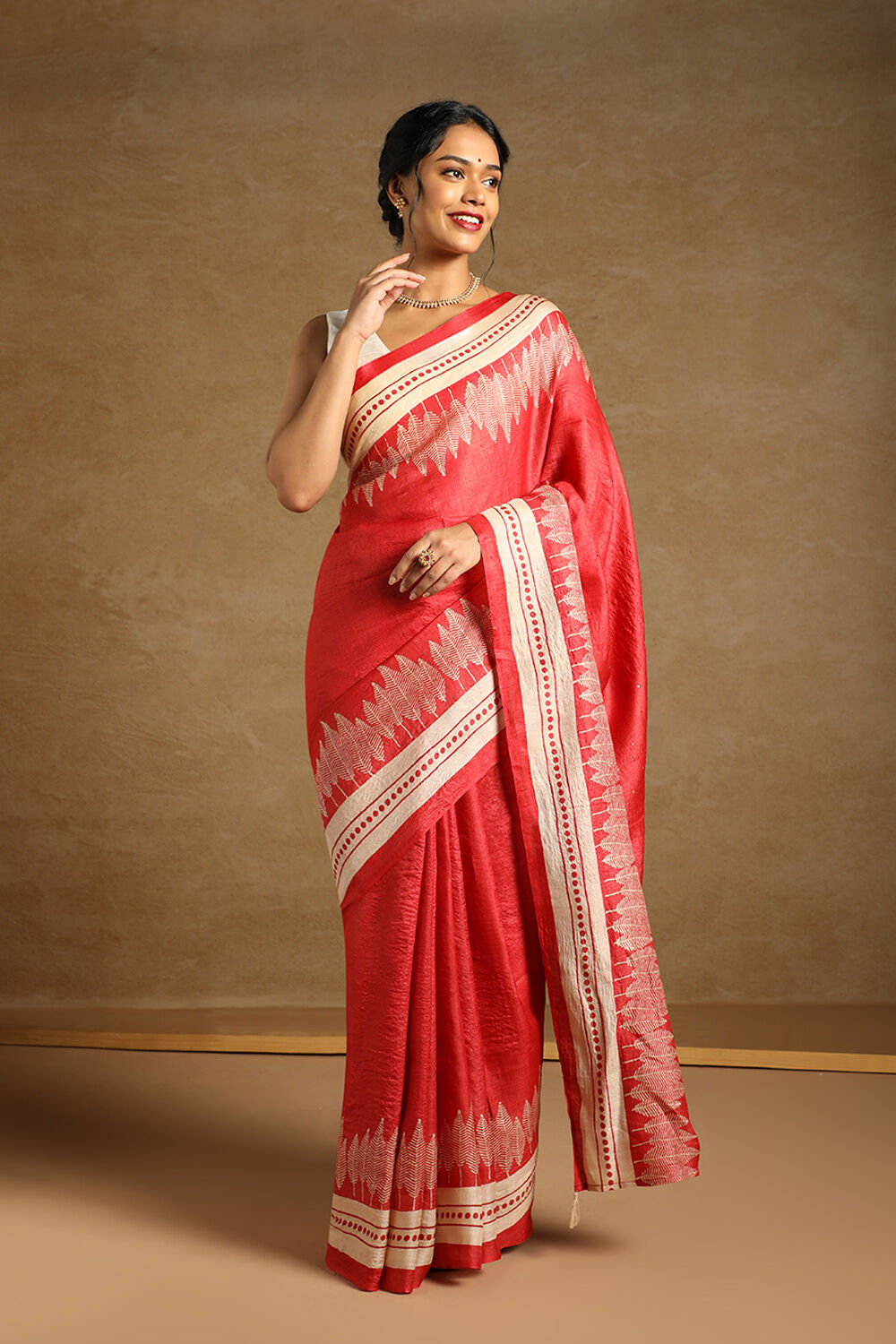 Red Pure Tussar Silk Block Printed Saree image number null