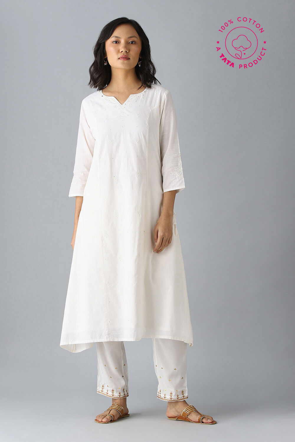 Off White Embroidered Cotton Kurta image number null