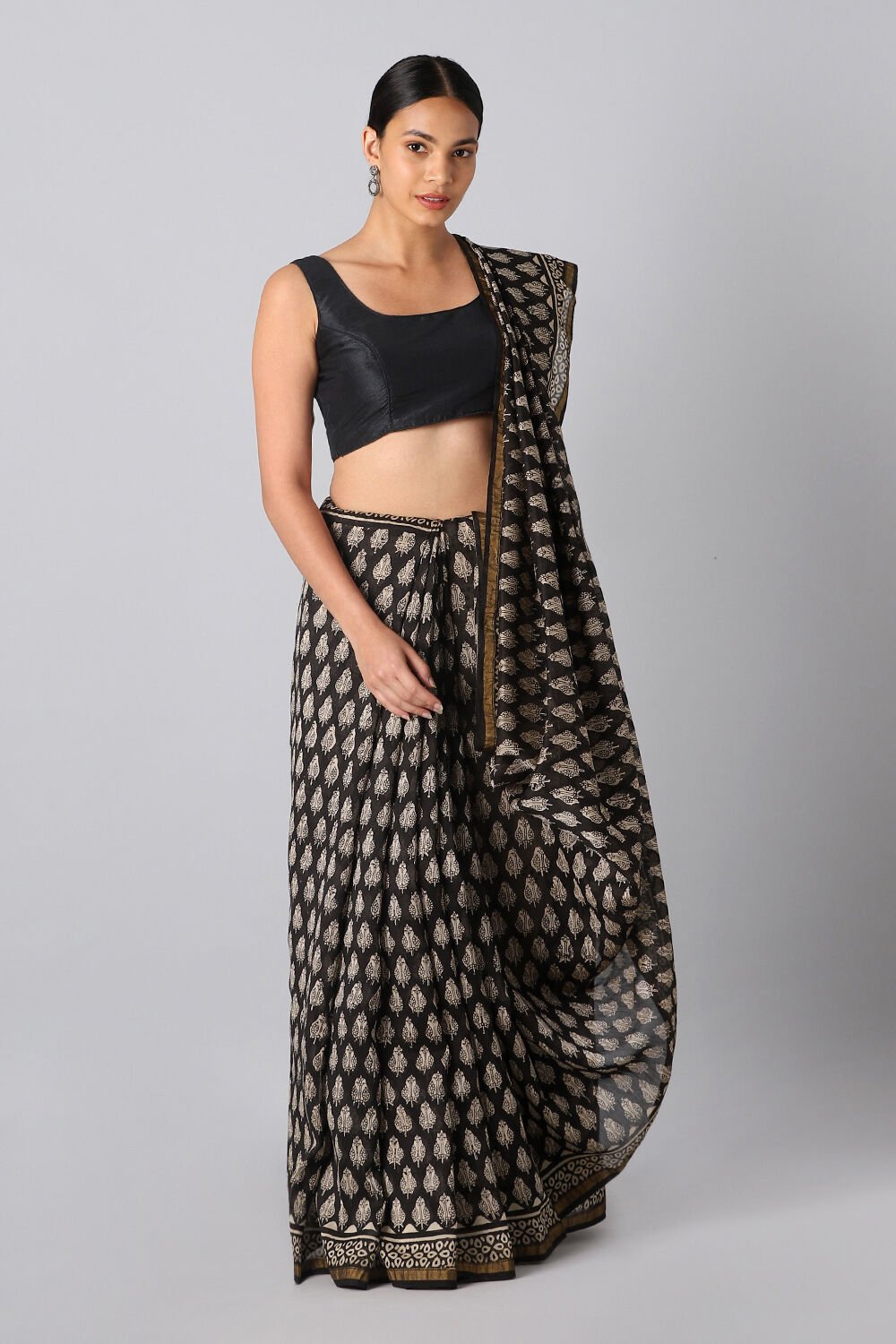 Black Pure Silk Cotton Bagru Printed Saree image number null