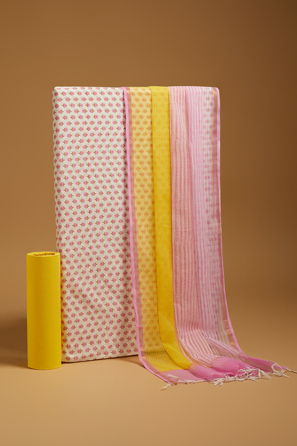 Yellow Screen Printed Pure Cotton Unstitched Suit Set image number null