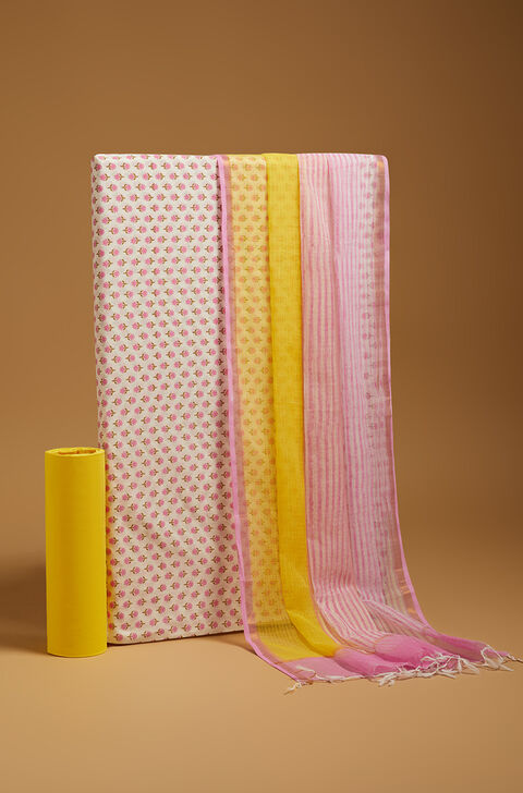 Yellow Screen Printed Pure Cotton Unstitched Suit Set