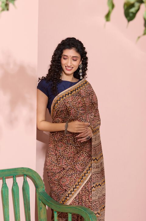 Brown Printed Kalamkari Machilipatnam Pure Cotton Saree