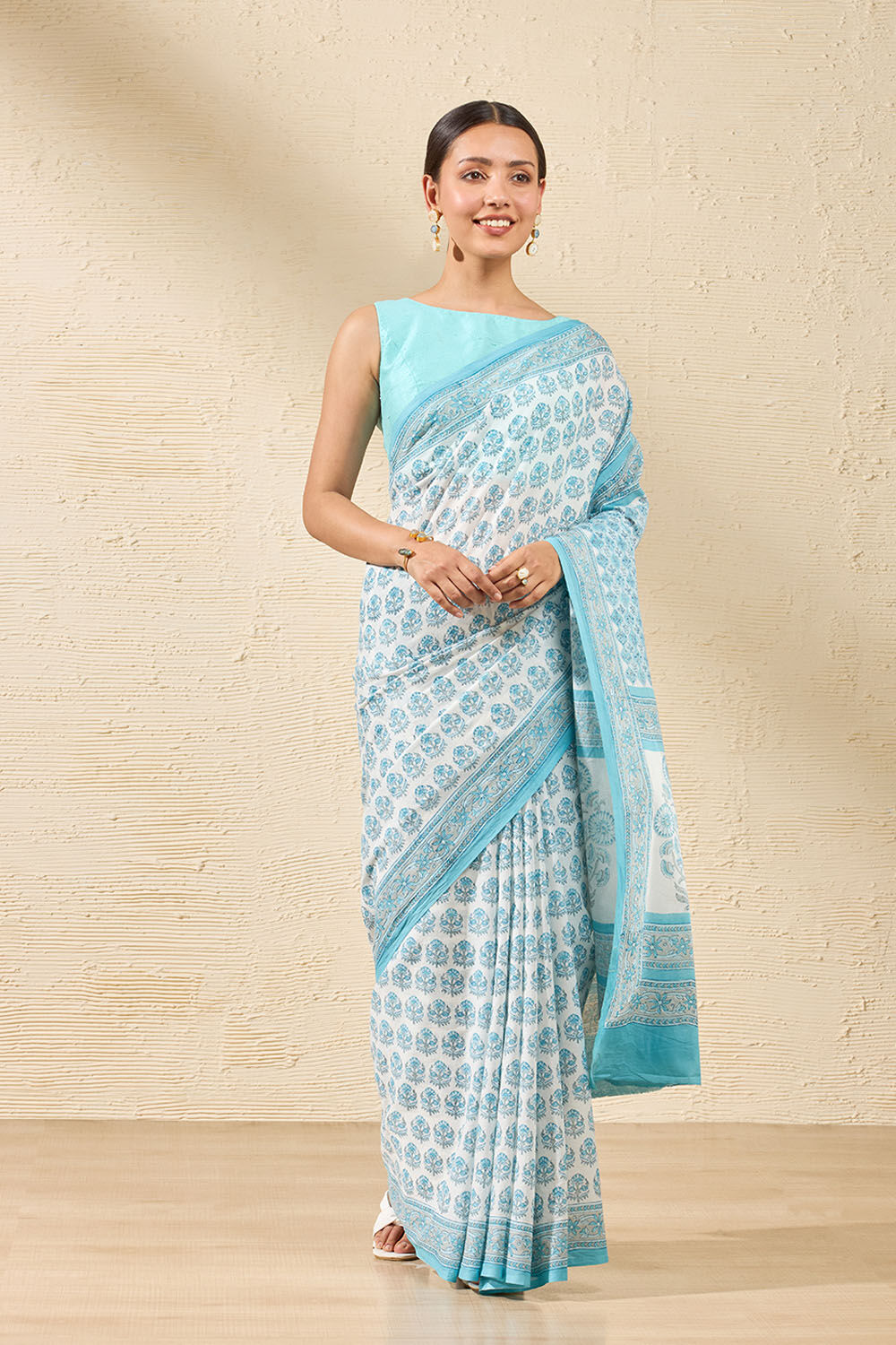 Light Blue Rajasthan Block Printed Pure Cotton Saree image number null