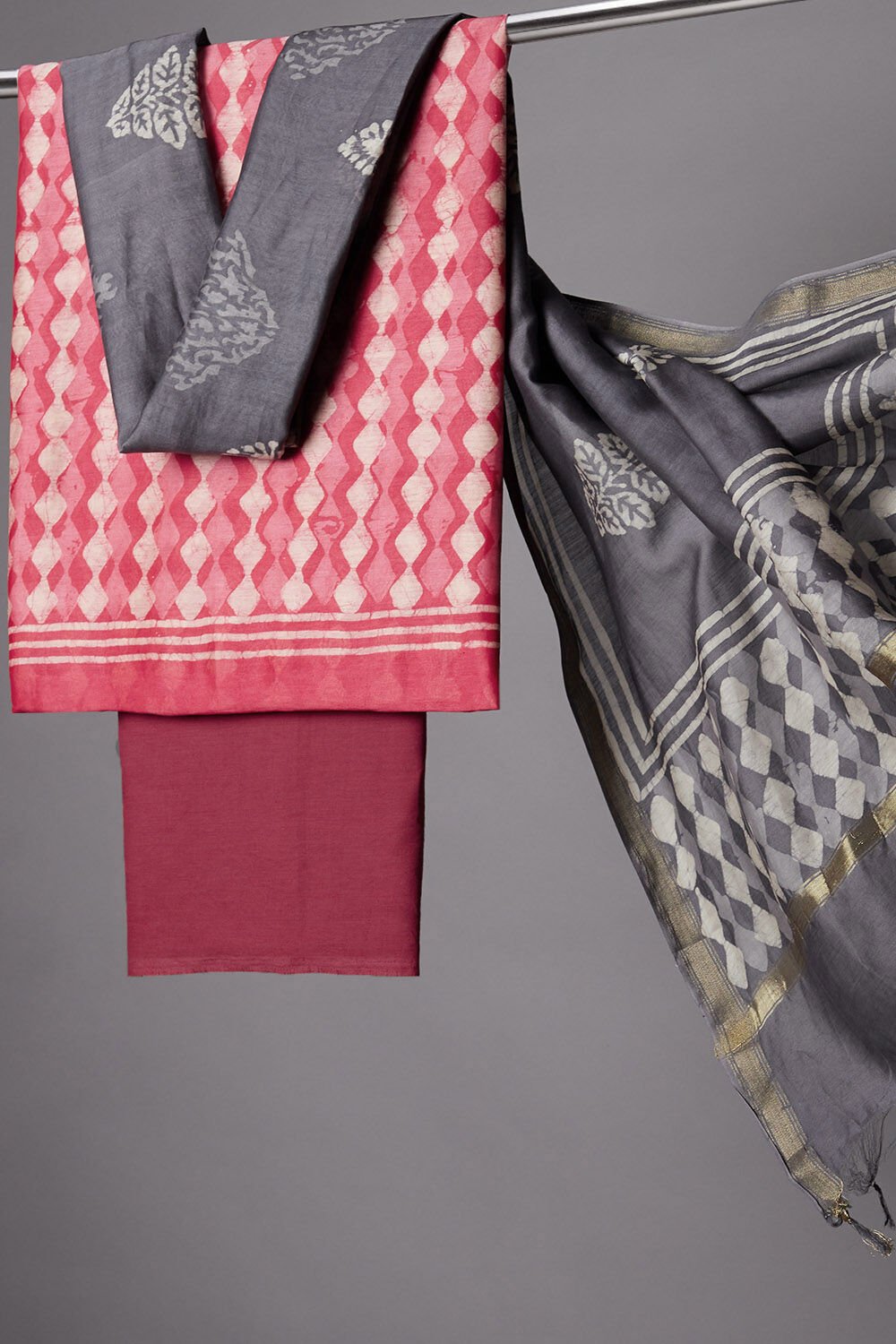 Pink Silk Cotton Block Printed Unstitched Suit Set image number null