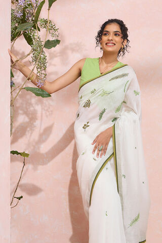 Off White Pure Silk Linen Embroidered Saree thumbnail image number null