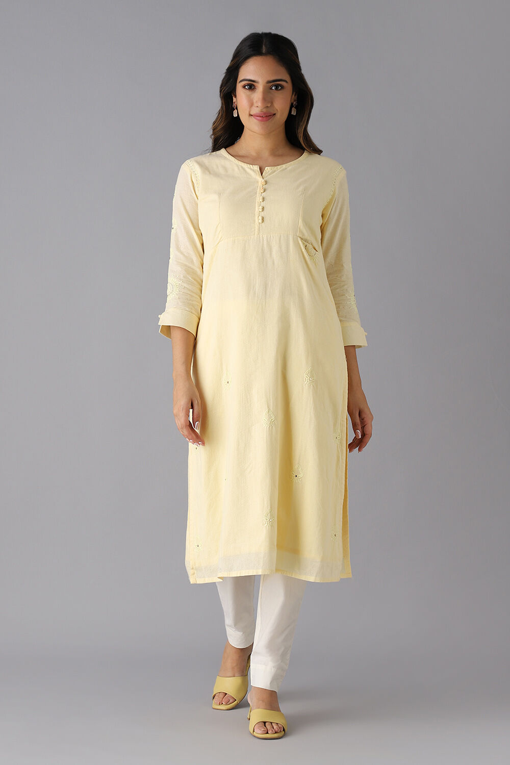 Light Yellow Cotton Embroidered Kurta image number null