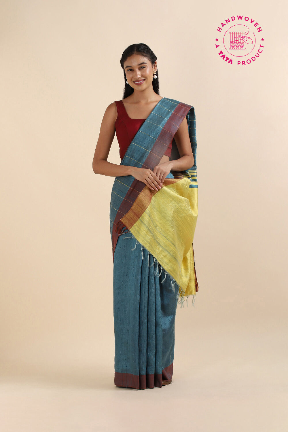 Dark Blue Pure Tussar Silk Bhagalpuri Saree image number null