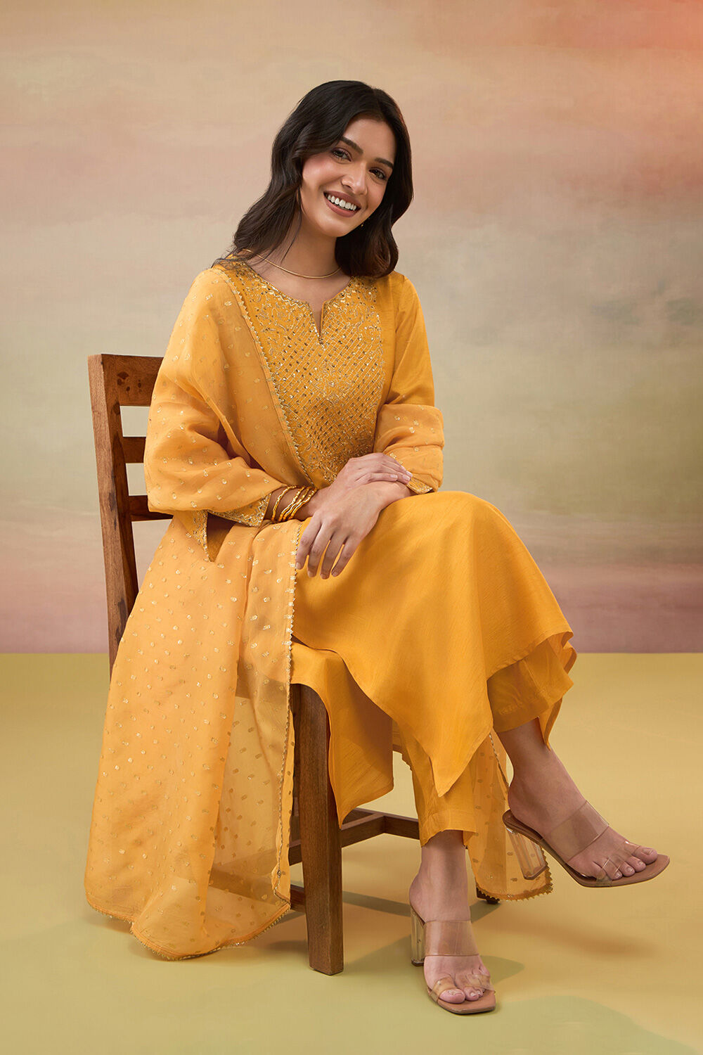 Orange Pure Viscose Embroidered Kurta Set image number null