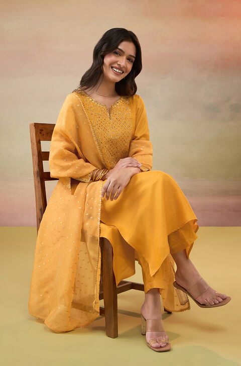 Orange Pure Viscose Embroidered Kurta Set