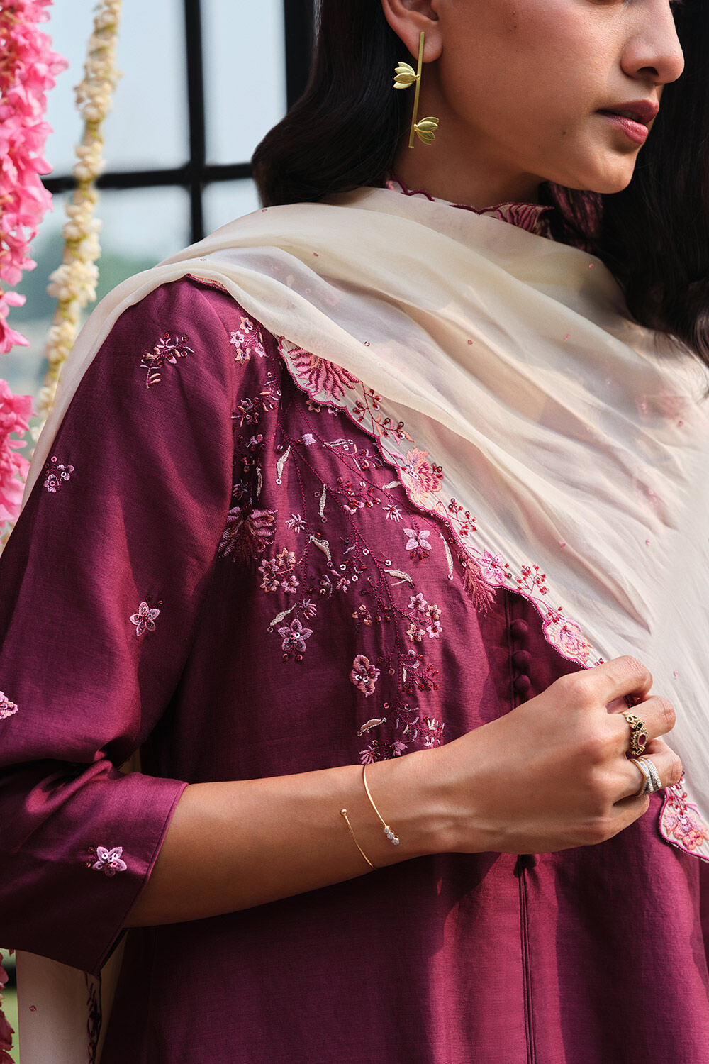 Purple Embroidered Silk Cotton Kurta Set image number null