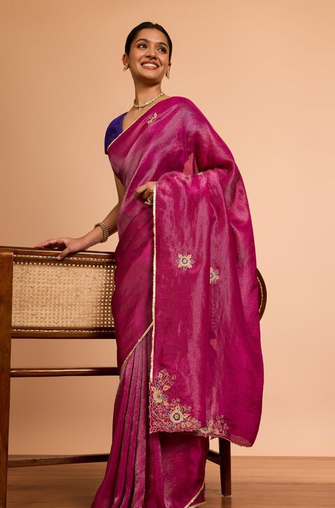 Purple Bengal Pure Tissue Organza Embroidered Saree