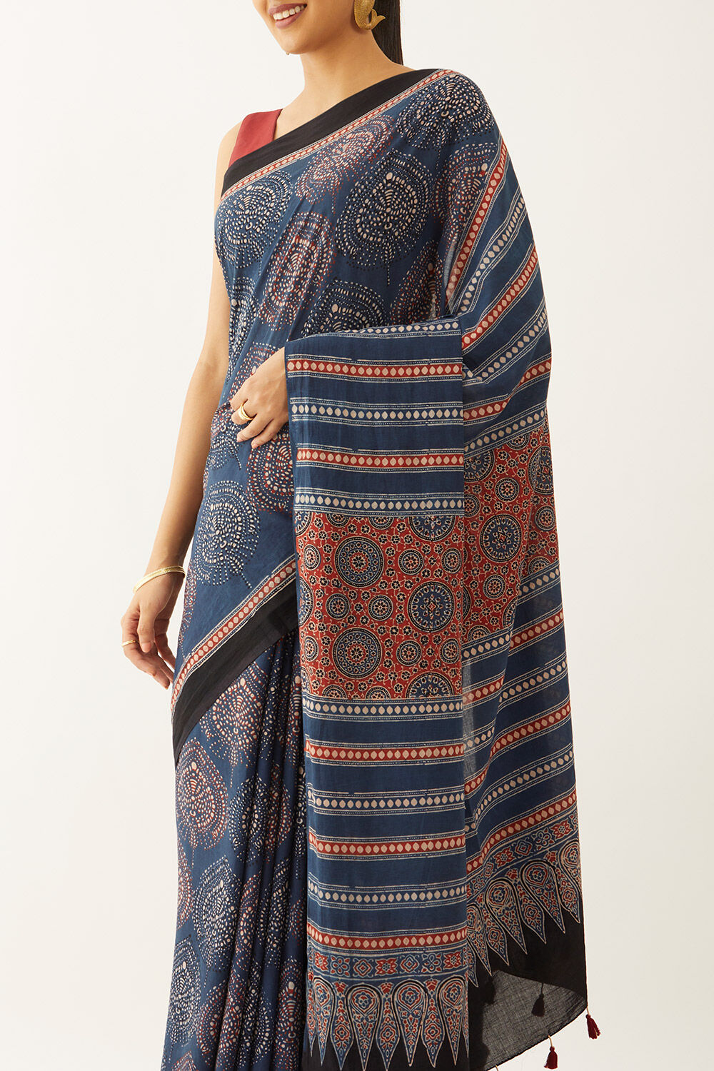 Blue Pure Cotton Ajrakh Block Print Saree image number null