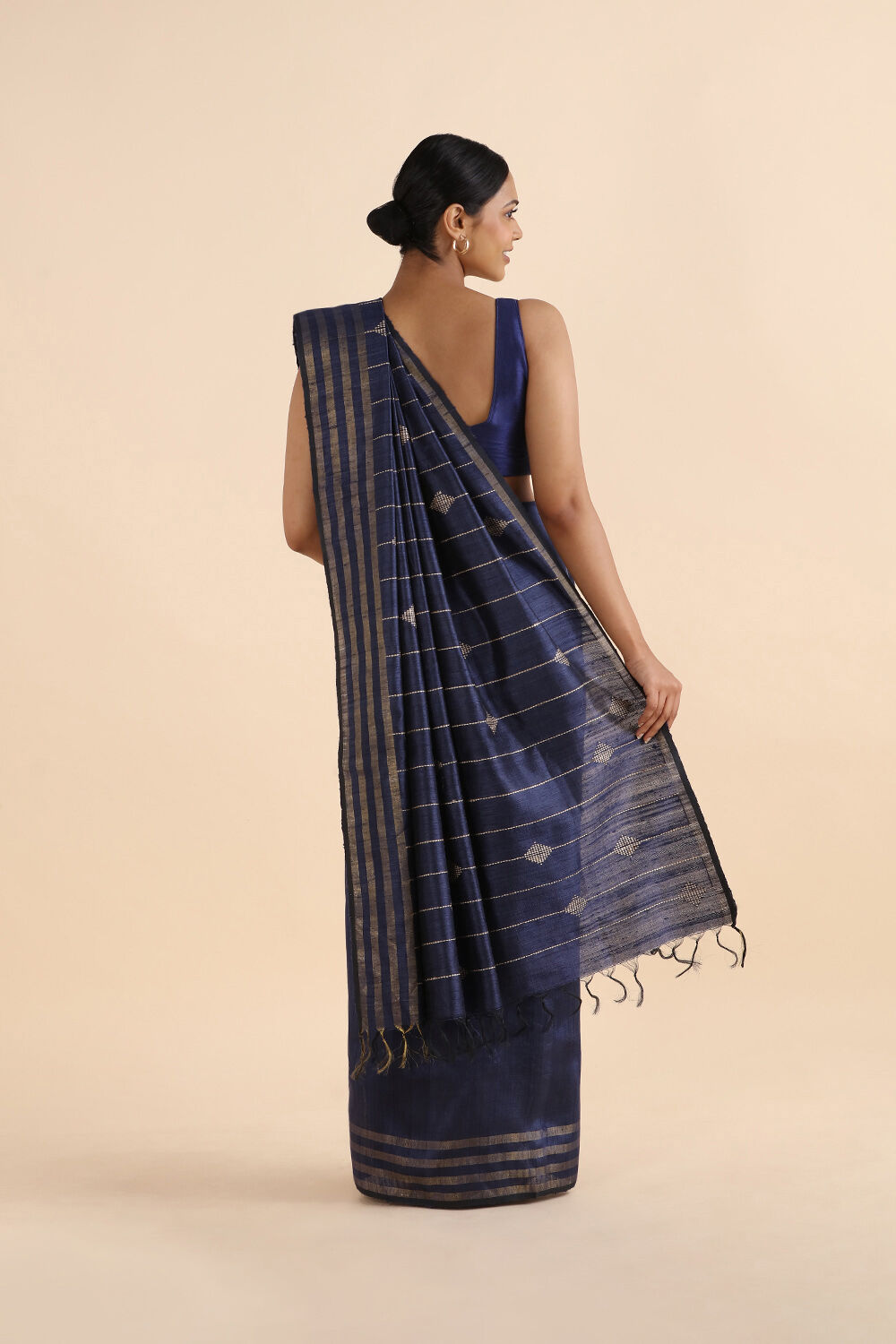 Dark Blue Pure Tussar Silk Bhagalpuri Saree image number null