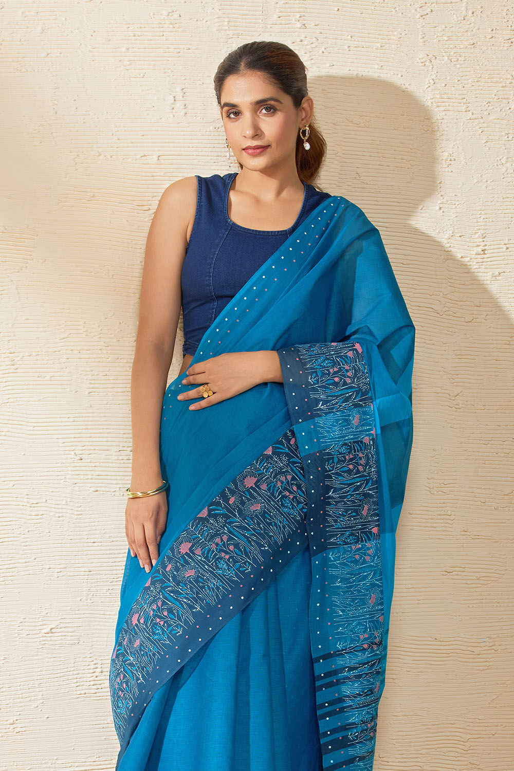 Blue Rajasthan Block Printed Pure Cotton Saree image number null
