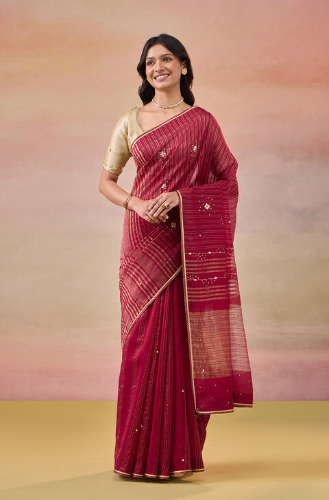 Dark Red Pure Silk Cotton Gota Patti Saree