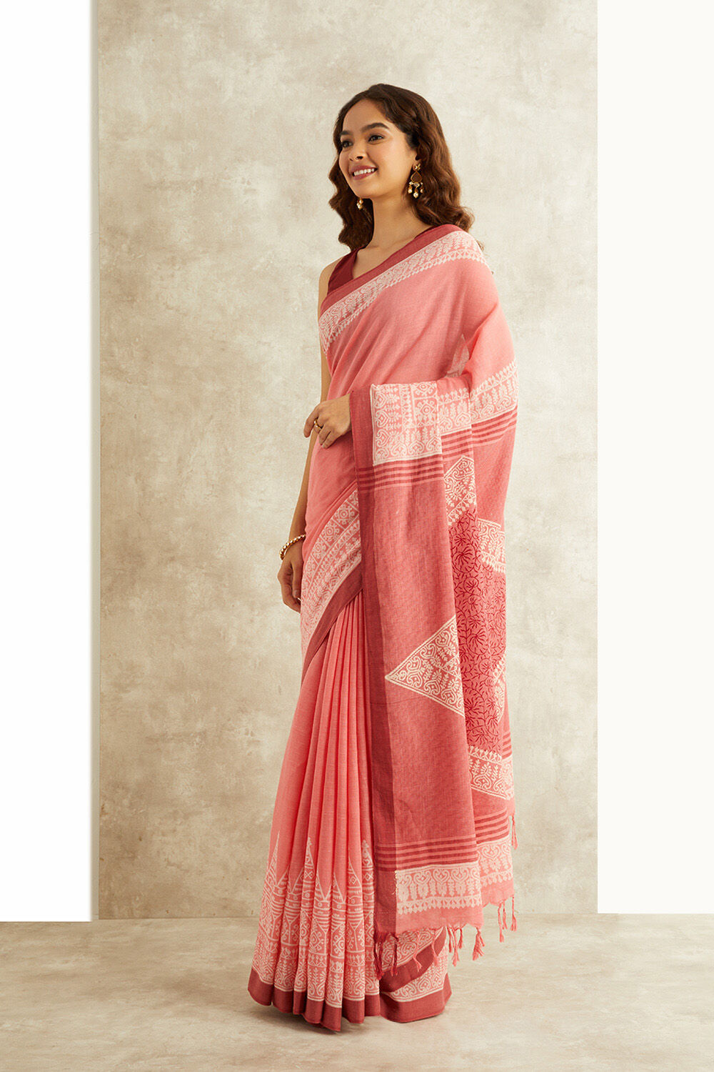 Pink Block Printed Pure Cotton Bengal Saree image number null