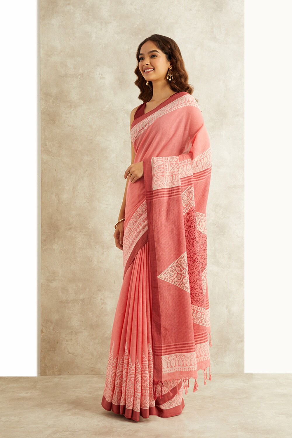 Pink Block Printed Pure Cotton Bengal Saree image number null