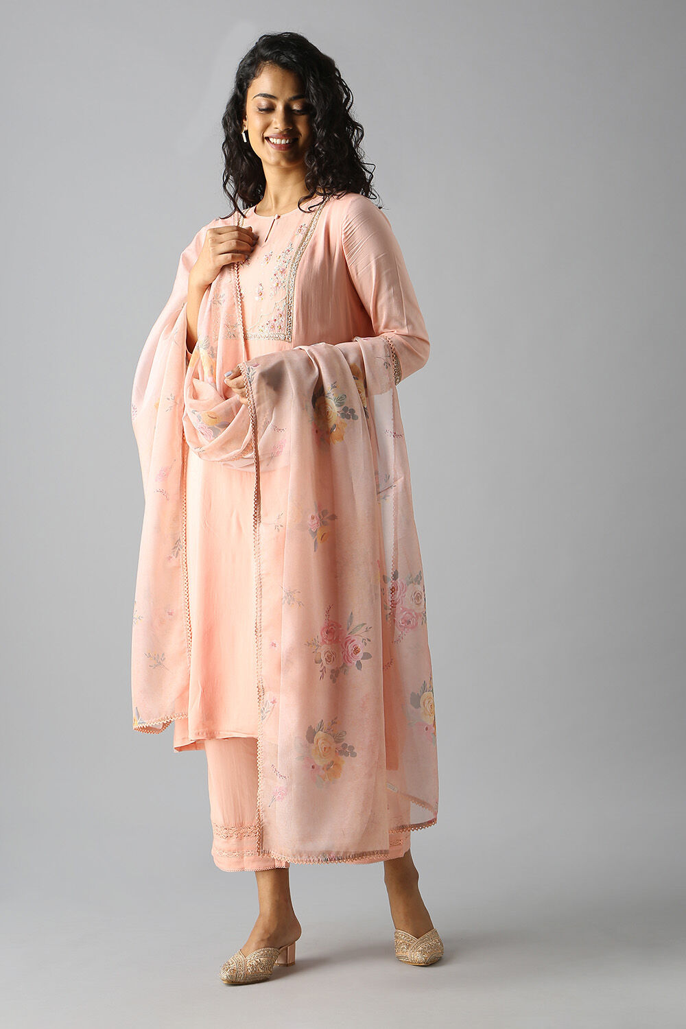 Light Pink Embroidered Viscose Kurta Set image number null