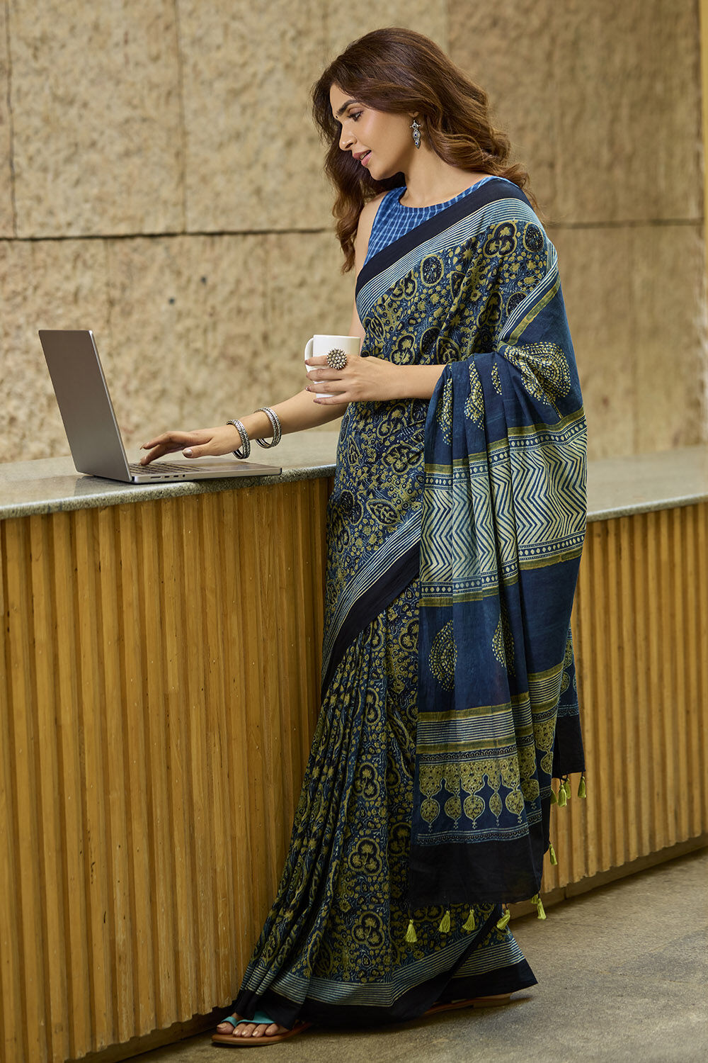 Blue Gujarat Pure Cotton Ajrakh Saree image number null