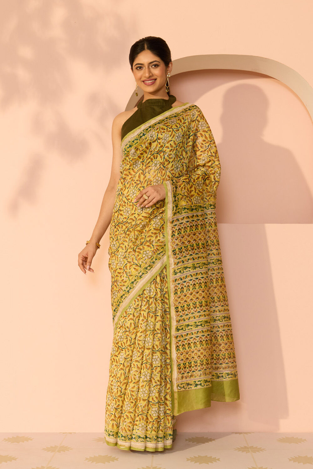 Yellow Rajasthan Pure Silk Cotton Printed Sanganeri Saree image number null