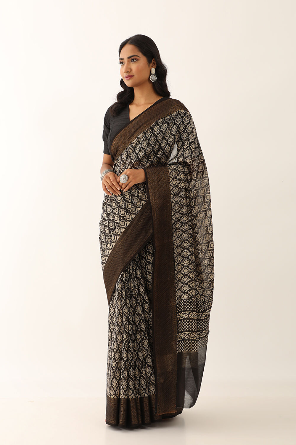Black Pure Silk Cotton Block Printed Saree image number null