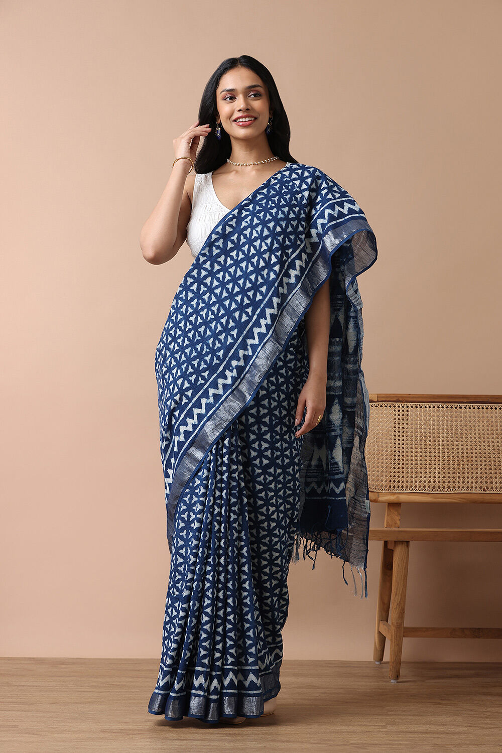 Blue Cotton Viscose Rajasthan Block Printed Saree image number null