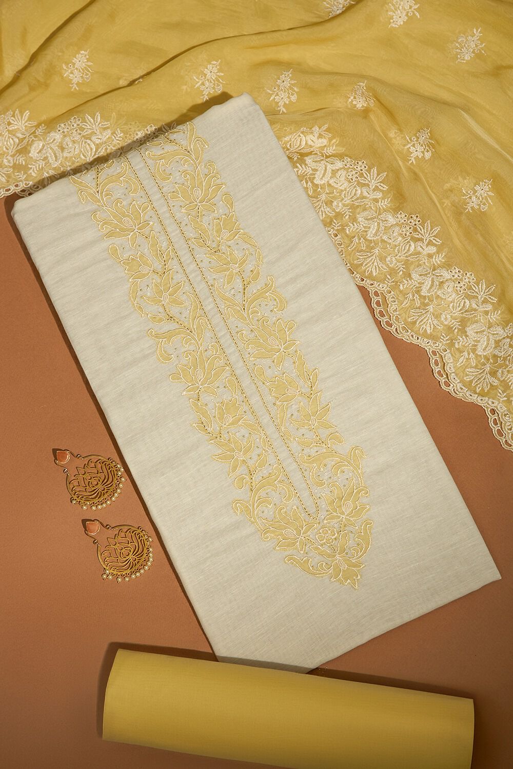 Off White Viscose Embroidered Unstitched Suit Set image number null