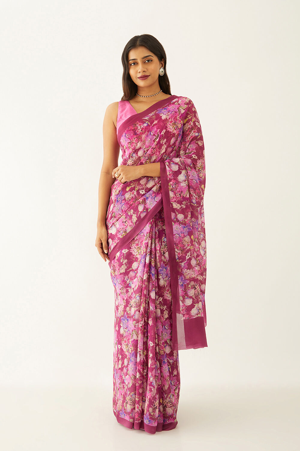 Purple Viscose Crepe Digital Print Saree image number null