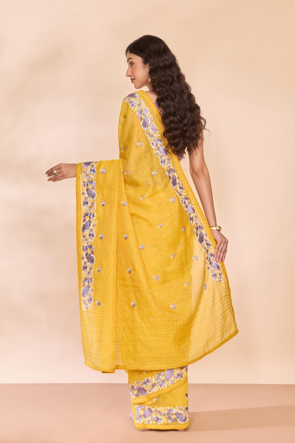 Yellow Tissue Lyocell Linen Embroidered Saree image number null