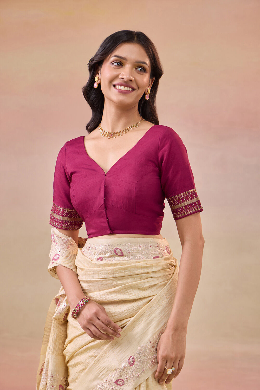 Dark Pink Pure Viscose Embroidered Blouse image number null