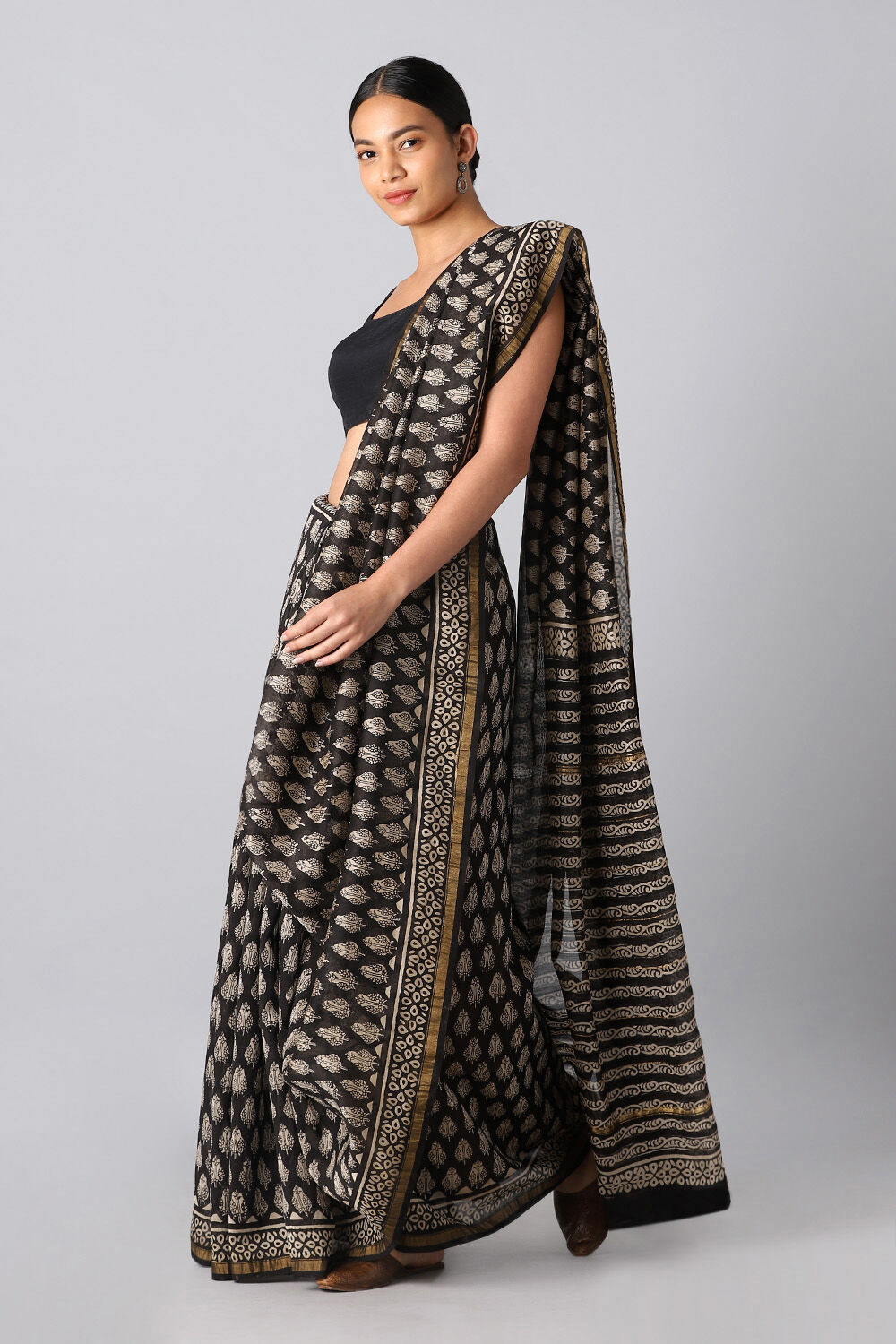 Black Pure Silk Cotton Bagru Printed Saree image number null