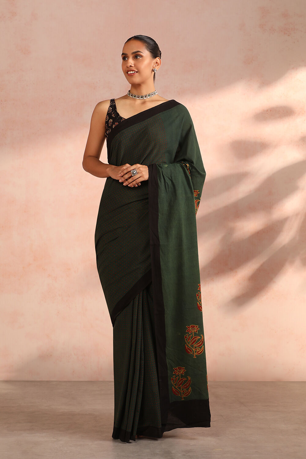 Forest Green Ajrakh Cotton Saree main image 0