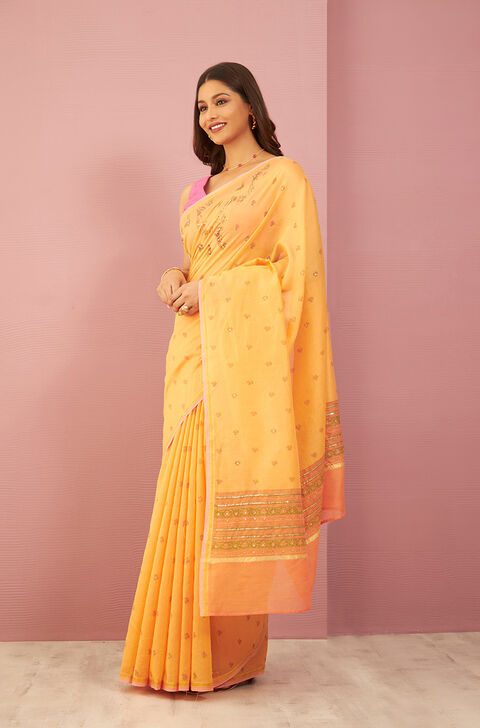 Orange Contemporary Pure Silk Cotton Printed Sanganeri Saree