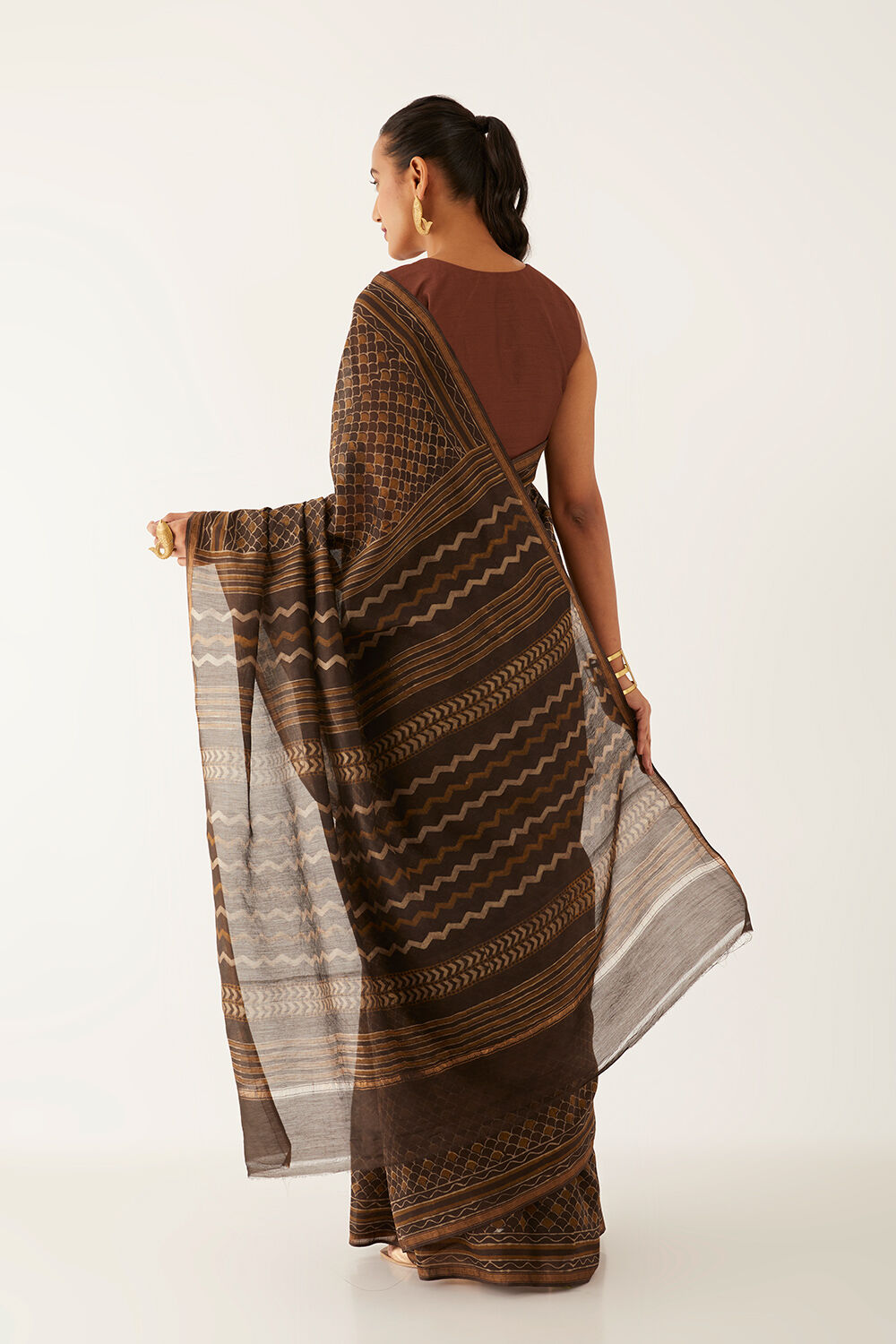 Brown Pure Silk Cotton Bagru Printed Saree image number null