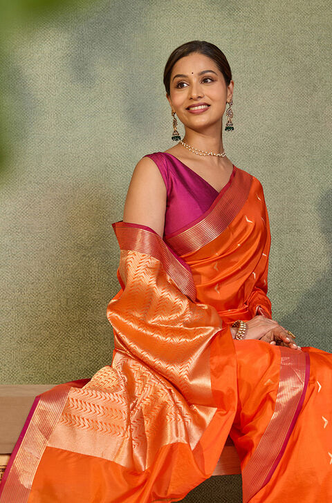 Orange Silk Viscose Cutwork Banaras  Saree