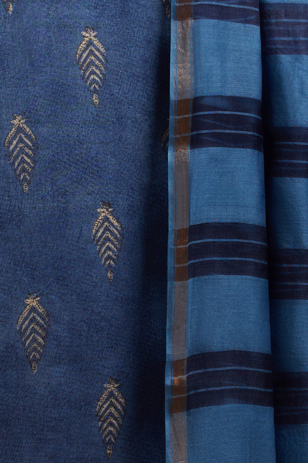 Blue Block Printed Pure Tussar Silk Unstitched Suit Set image number null