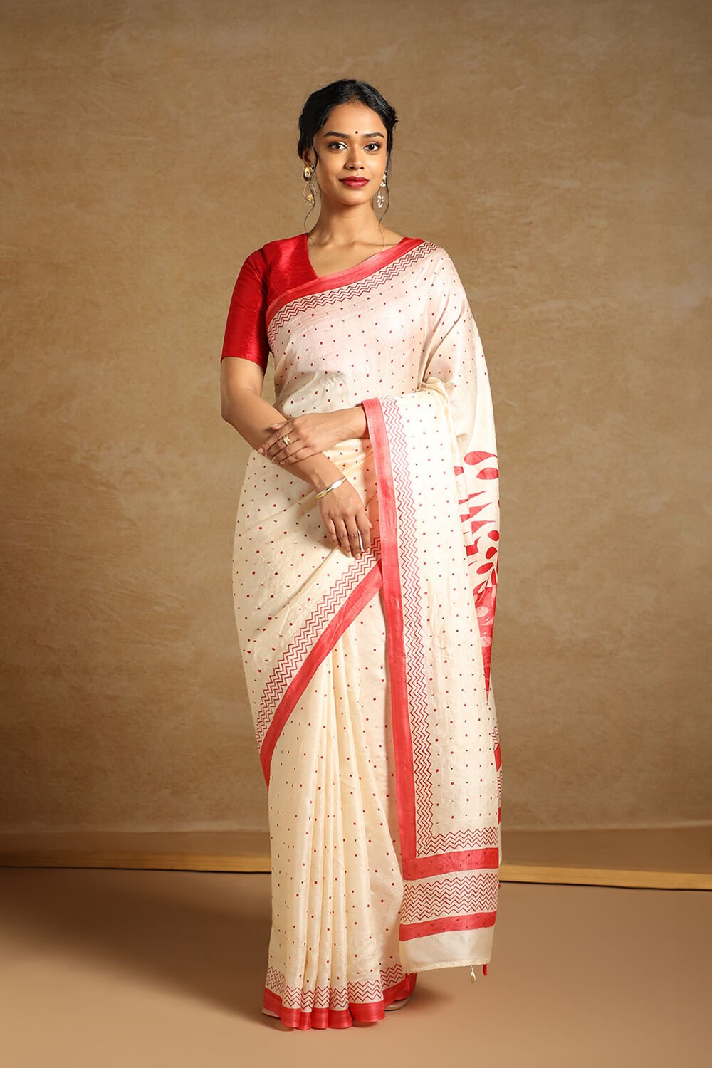 Beige Pure Tussar Silk Hand Painted Saree image number null