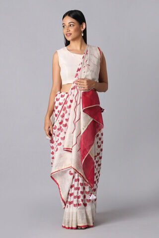 Off White and Red Pure Silk Cotton Hand Printed Saree thumbnail image number null