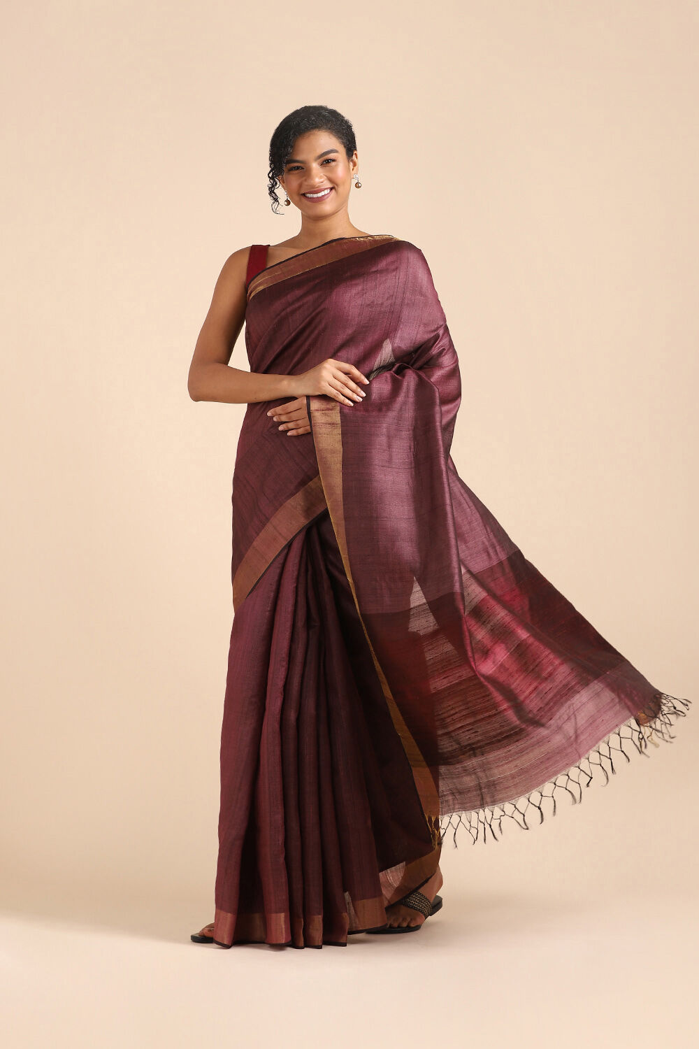 Dark Pure Red Tussar Bhagalpuri Saree image number null