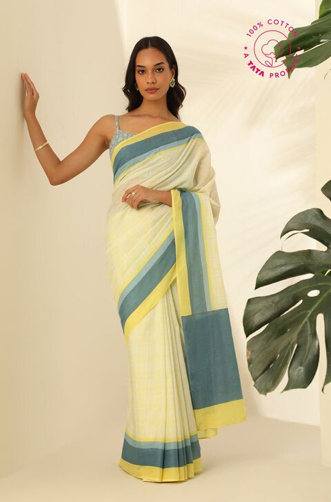 Light Yellow Pure Cotton Mulmul Printed Bengali Saree