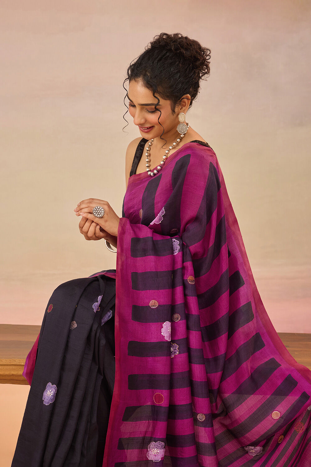 Dark Blue Bengal Pure Silk Hand Painted Embroidered Saree image number null