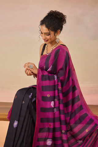 Dark Blue Bengal Pure Silk Hand Painted Embroidered Saree thumbnail image number null
