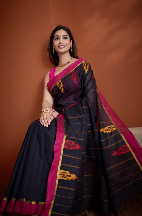Black Woven South Pure Cotton Saree