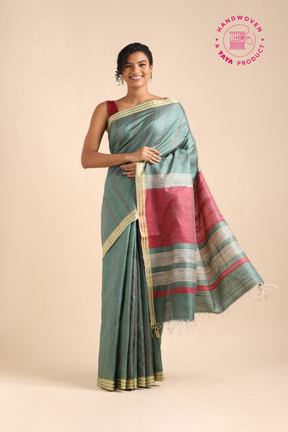 Green Pure Tussar Silk Bhagalpuri Saree image number null