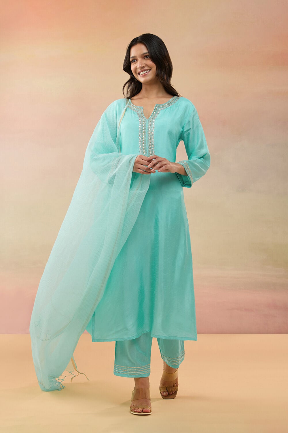 Light Blue Pure Viscose Embroidered Kurta Set image number null